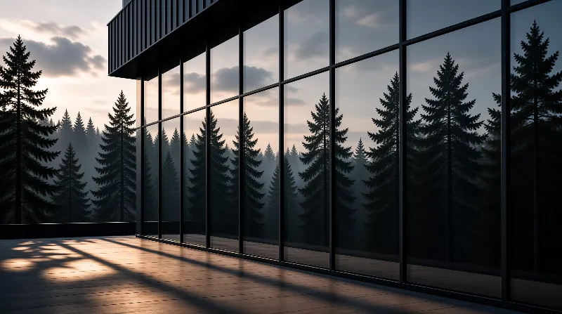 Large glass windows reflect a misty pine forest as warm sunlight casts long shadows across the wooden floor.