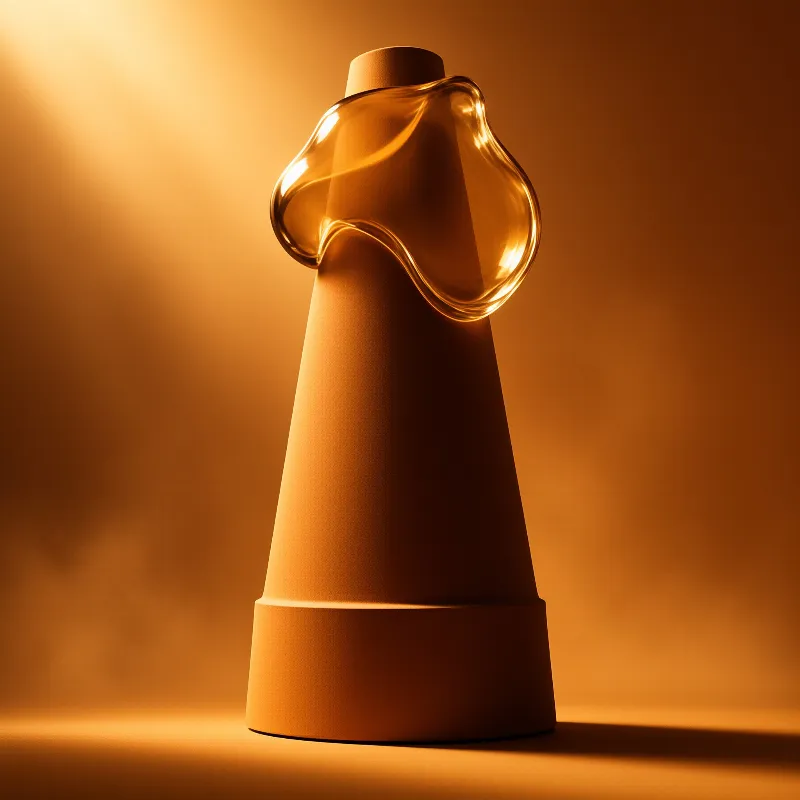 Sculptural form with a matte terracotta cone base topped by a translucent amber glass bulb under warm lighting.