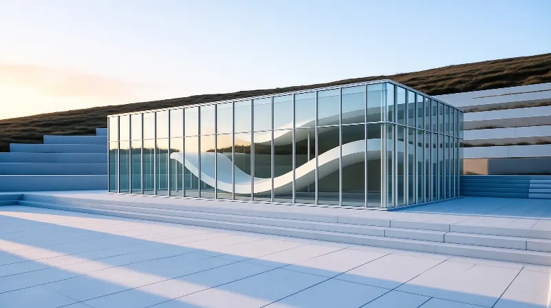 A minimalist glass building on a white plaza reveals a sweeping white ramp inside at soft dusk.