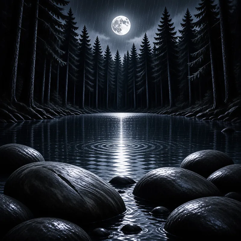 A full moon glows above a still black forest lake, its light broken by raindrop rings and wet boulders.