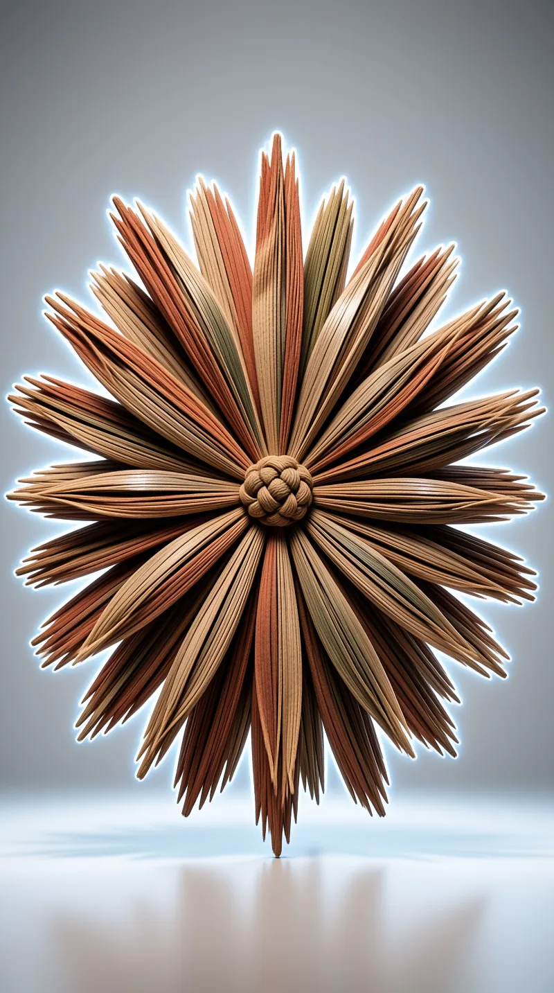 Radial wooden art piece of brown strips radiating from a central knot with a white halo against a background.