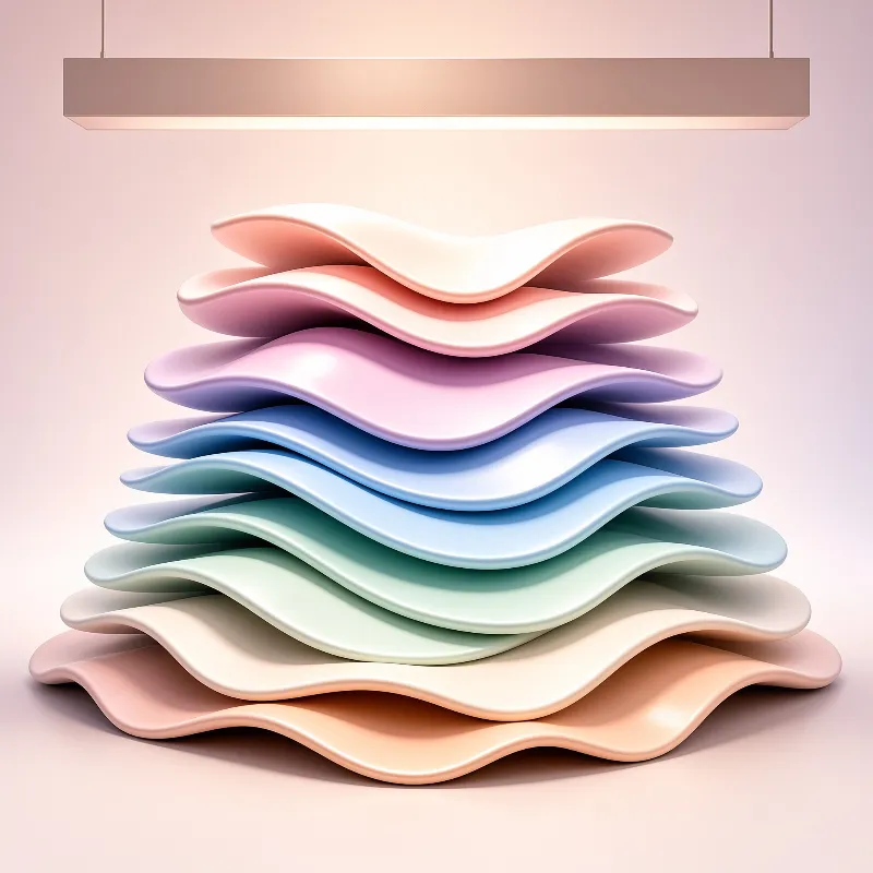 A tower of undulating pastel layers sits beneath a long rectangular fixture casting gentle light on the curves.