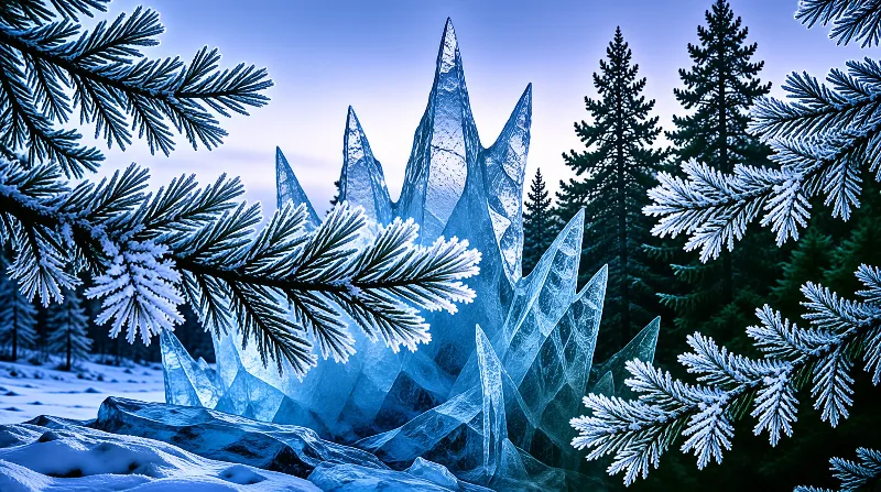 Translucent blue ice shards rise from snowdrifts framed by frosted spruce branches and dark pines at winter dusk.