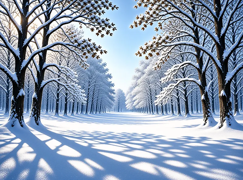 A snowy path stretches between rows of dark trees casting long shadows under a bright sky.