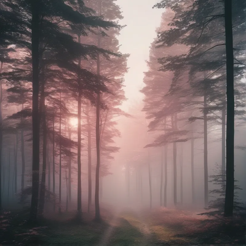 A sunlit trail winds through a dense pine forest shrouded in ethereal pink mist