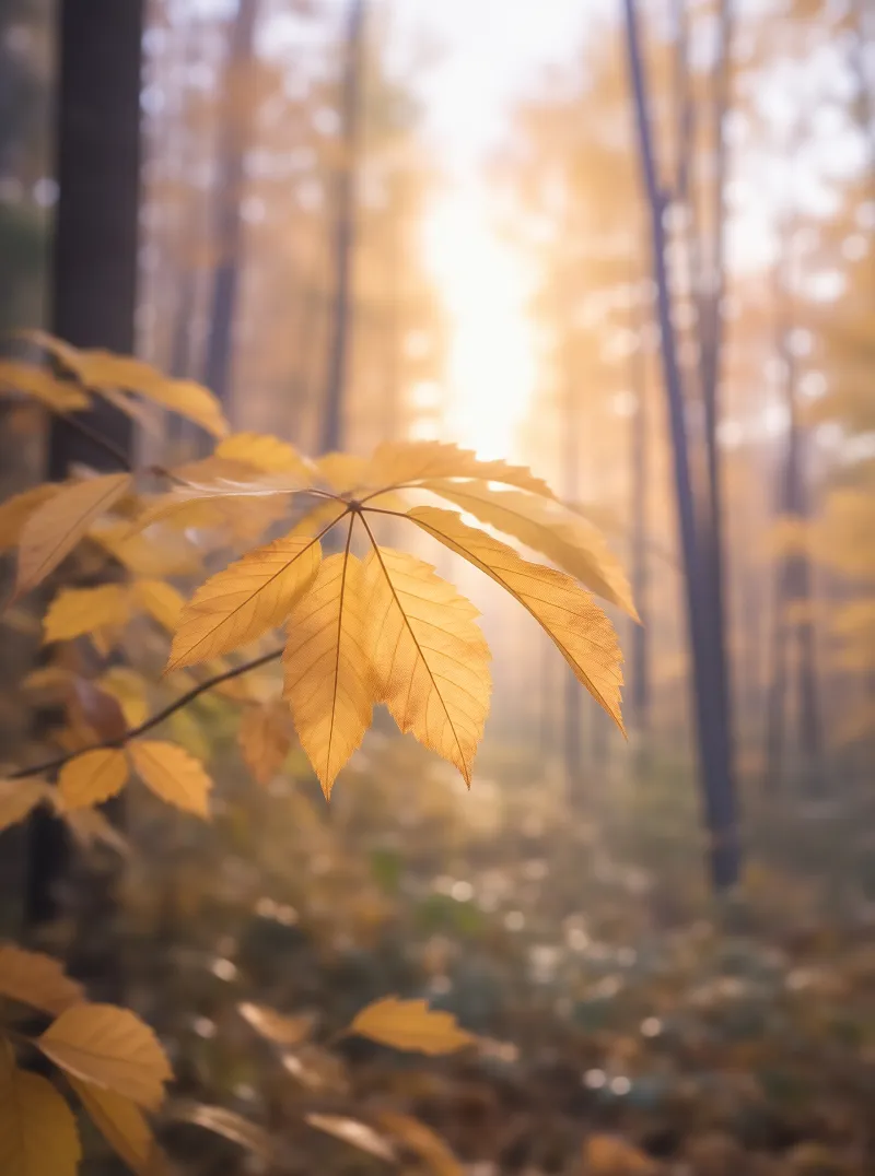 Golden Leaves in Misty Woods