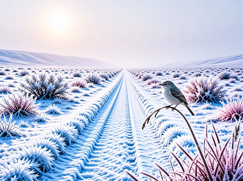 A small bird perches on a twig above a field of blue frost and snow ridges stretching towards distant hills in soft light.