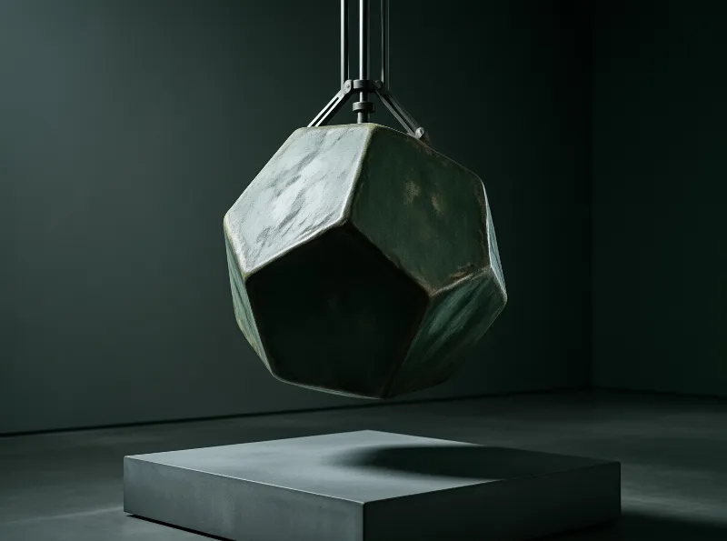 A large green marbled polyhedron hangs from black metal rods in a dimly lit room while hovering directly above a flat gray rectangular slab that catches its shadow on the dark floor.
