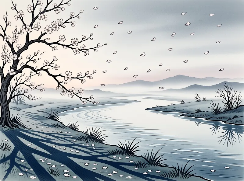 A dark trunked cherry tree sheds pale petals over a winding river while layered mountains fade into dawn mist.