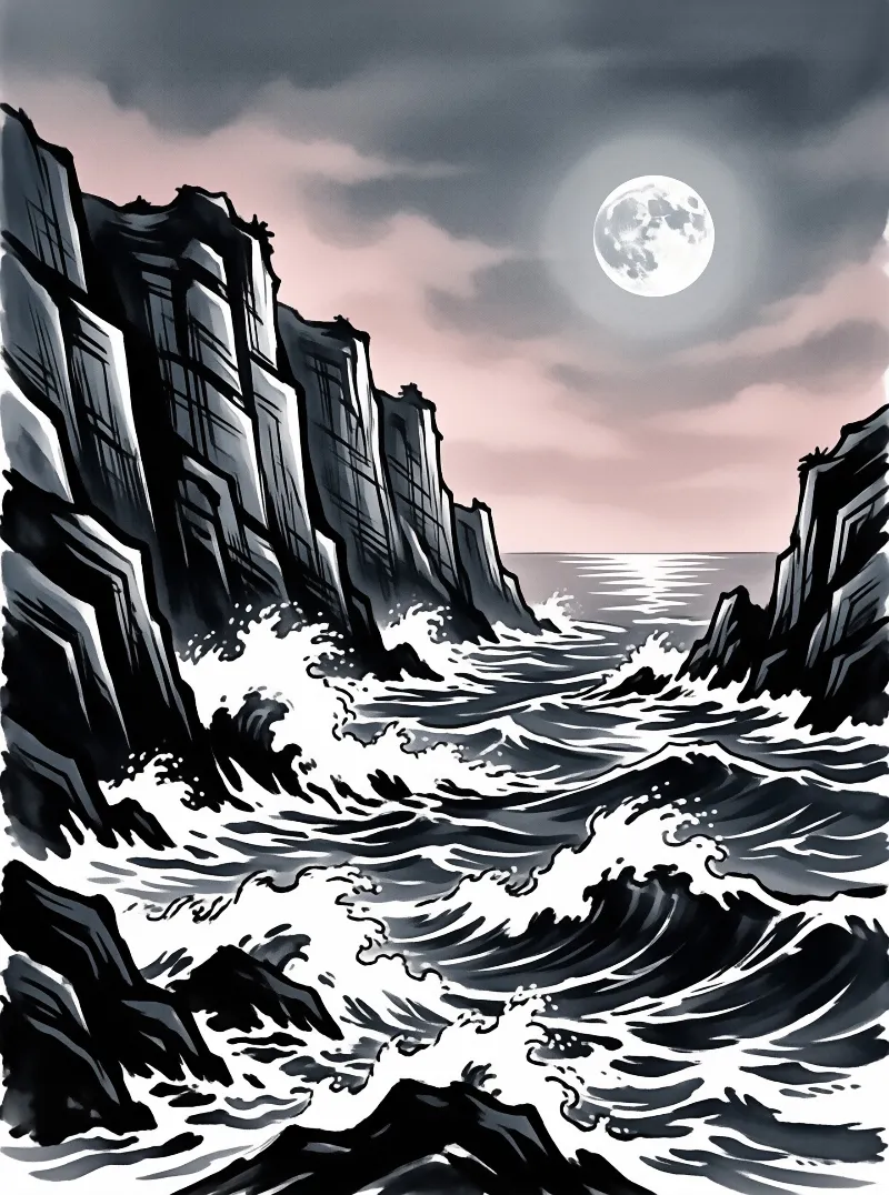 A digital illustration showing jagged coastal cliffs framing turbulent ocean waves beneath a luminous full moon at night.