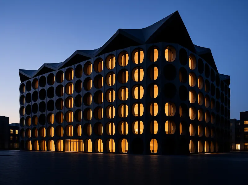 An undulating building facade featuring rows of illuminated circular windows stands against a gradient blue evening sky.