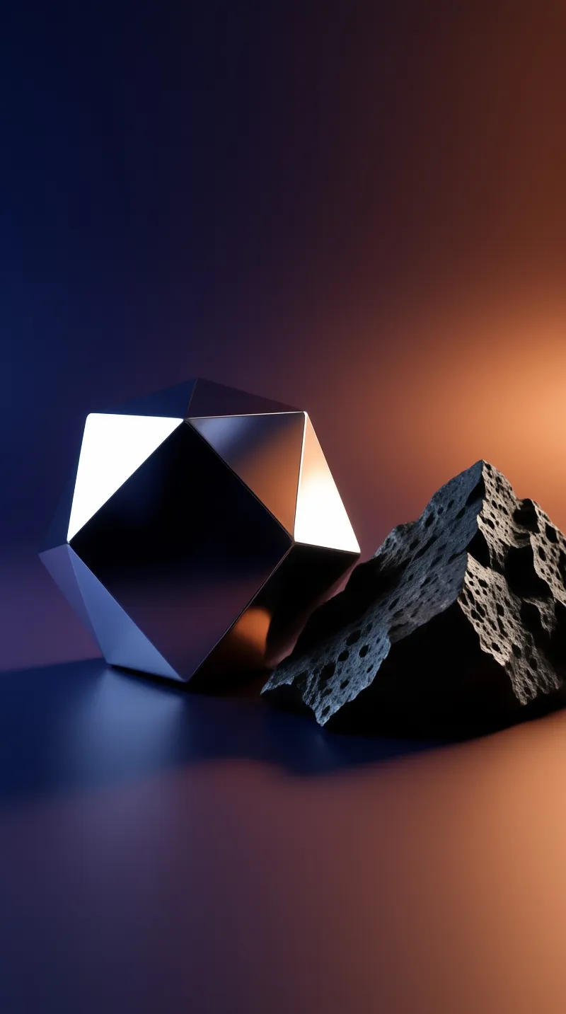 A mirror finished polyhedron leans on a hole pitted black stone against a warm amber and blue backdrop