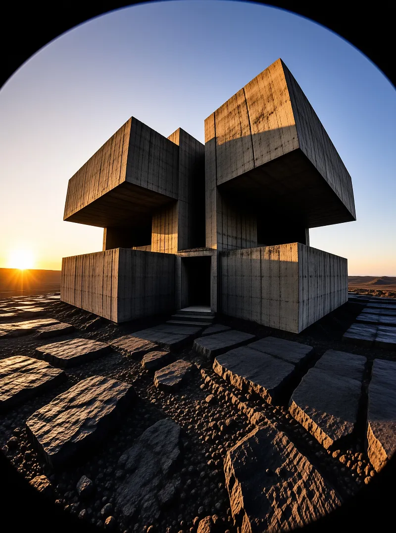 A brutalist monument of interlocking concrete blocks is captured with a fisheye curve as the low sun flares at the horizon
