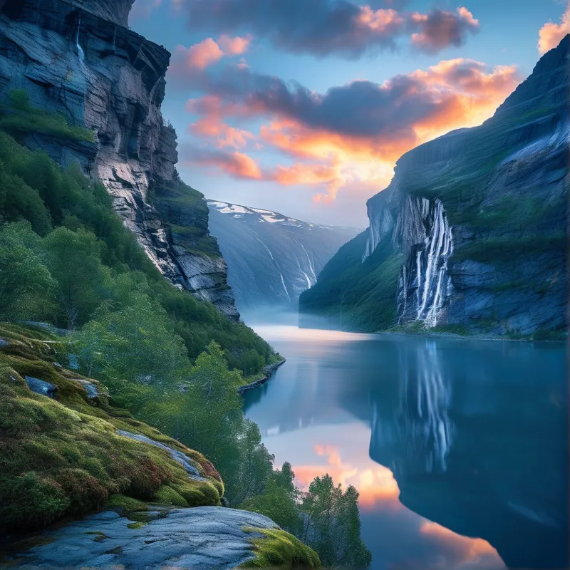 A vertical stream flows from high stone walls into a misty fjord reflecting the colorful evening sky above the trees