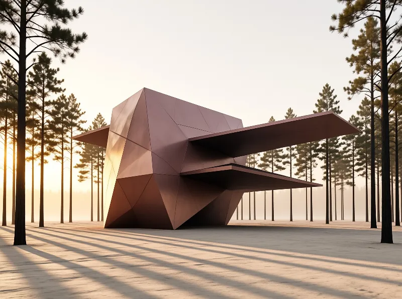 Angular metallic pavilion with faceted bronze surfaces stands among tall pine trees in atmospheric morning fog