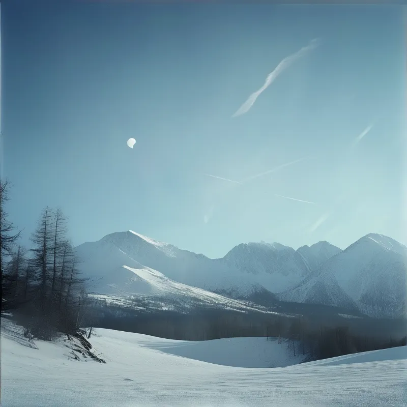 A crescent moon hangs over snow covered alpine peaks while bare larches stand in the bright foreground.