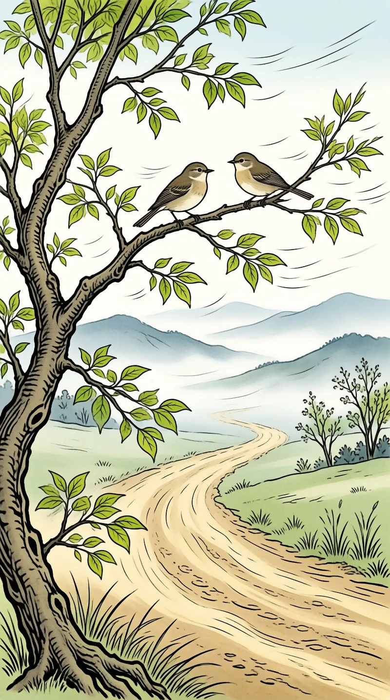 Two small birds rest on a leafy tree branch overlooking a sandy path that curves toward distant blue mountains.