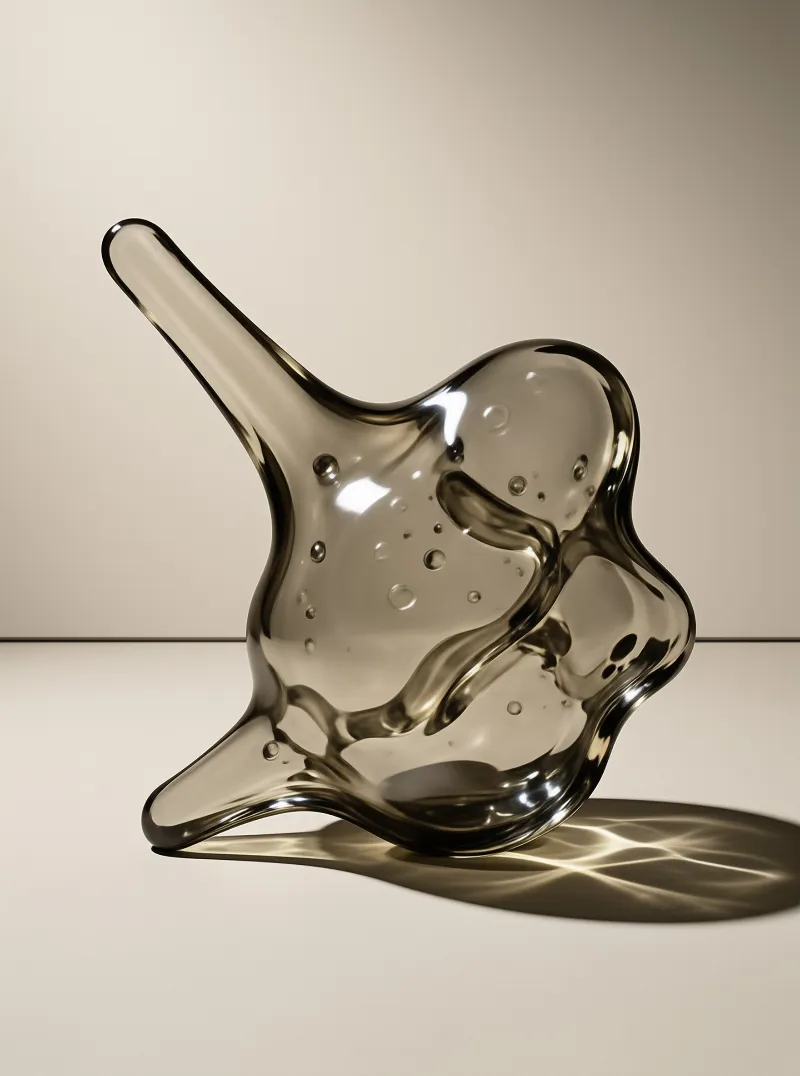 A smooth amber glass sculpture sits on a neutral surface, creating intricate light refractions in its shadow.