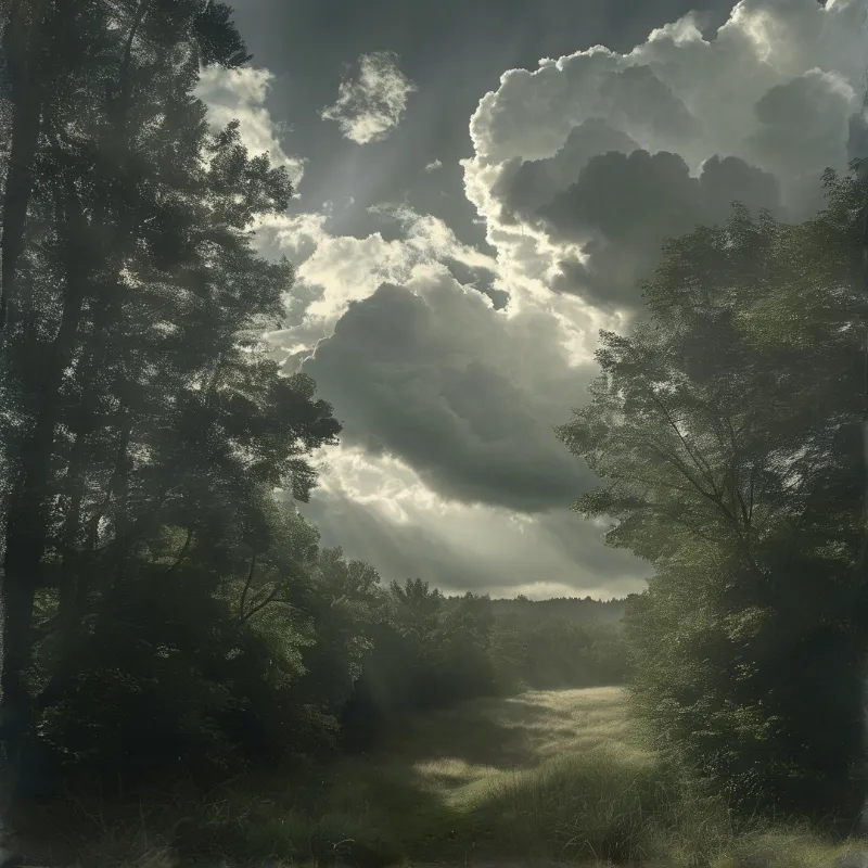Silhouetted trees frame bright sunbeams piercing heavy clouds above a misty forest clearing.
