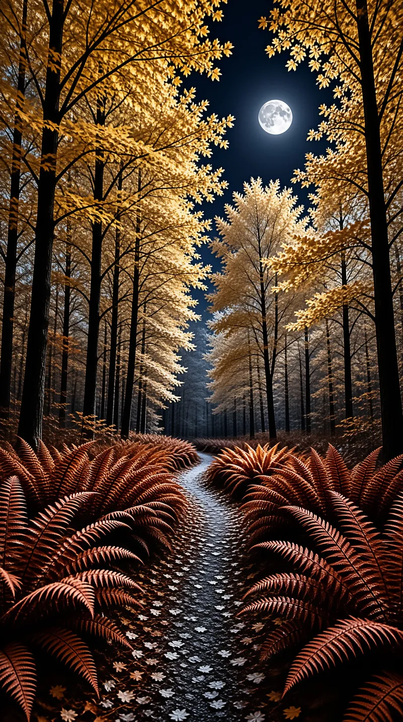 A winding dirt path runs through a dense forest of tall trees with golden leaves under a bright full moon.