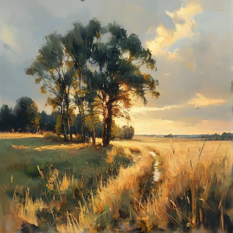 A cluster of tall trees stands in a grassy field during the golden hour with clouds in the sky.