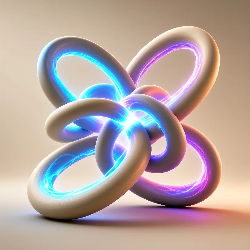 Glossy cream colored rings loop through one another and glow from within with swirling blue and violet plasma energy