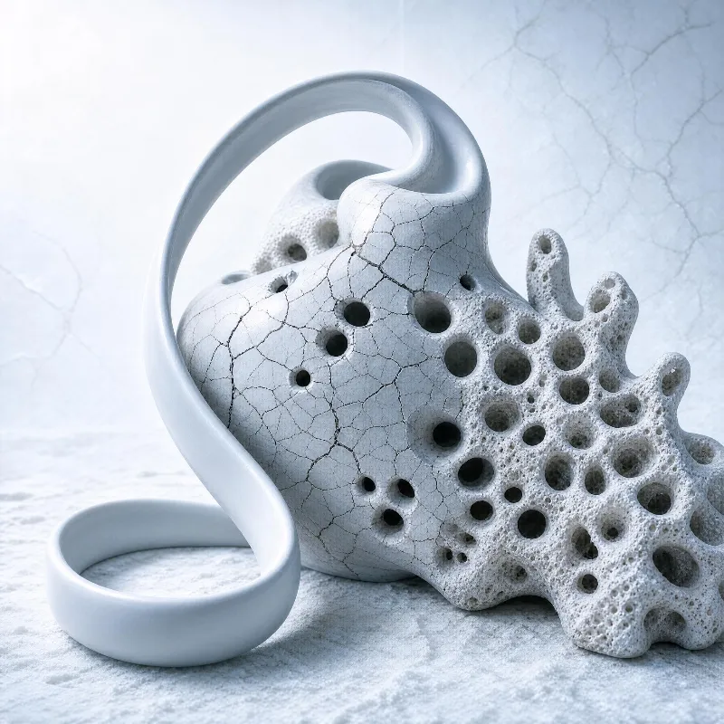 An abstract white sculpture with cracks and holes sits on a light gray surface, set against a crackled background with soft light