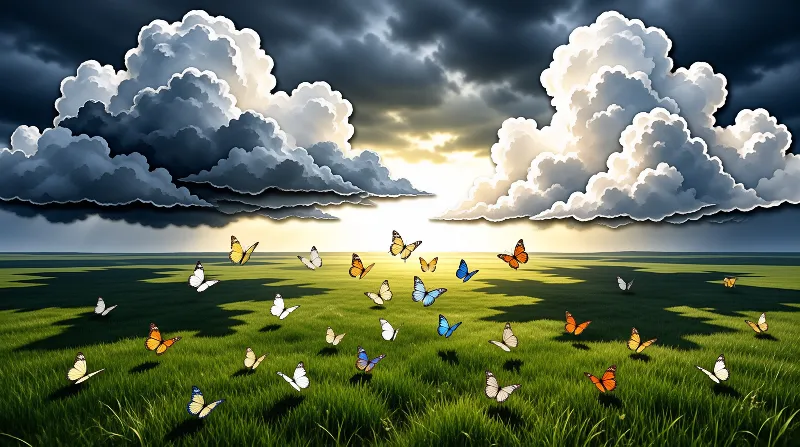 Dozens of butterflies drift above a sunlit green field as towering clouds open over the horizon.