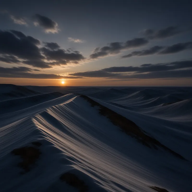 Winding ridges of snow-covered dunes stretch towards the horizon where a low sun shines through dark clouds.
