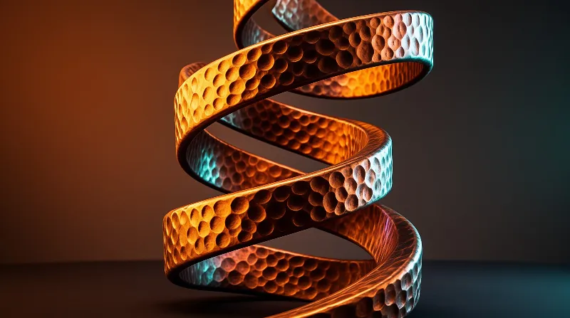 A twisted metallic band with a peened surface shows orange and blue reflections against a blurred background.