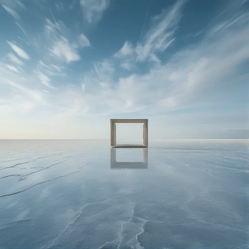 A solitary rectangular concrete frame stands on a vast mirrorlike salt flat beneath a pale blue sky with streaked clouds