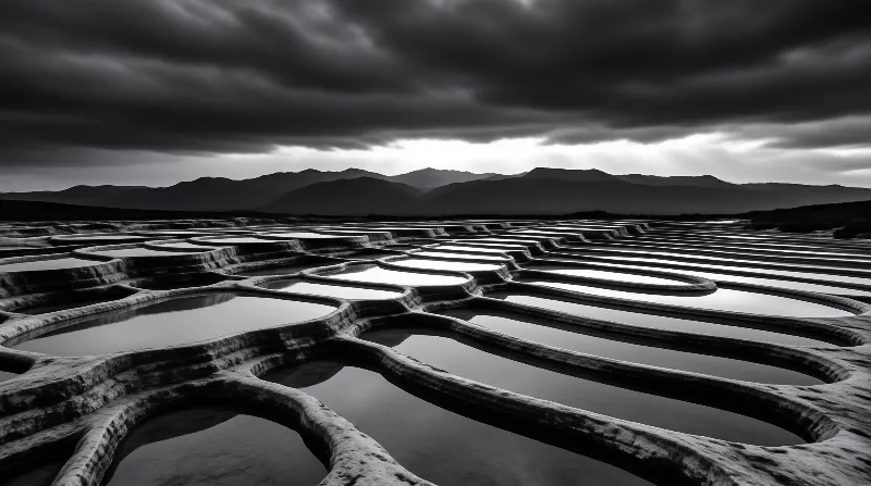Salt Pans Under Dramatic Sky
