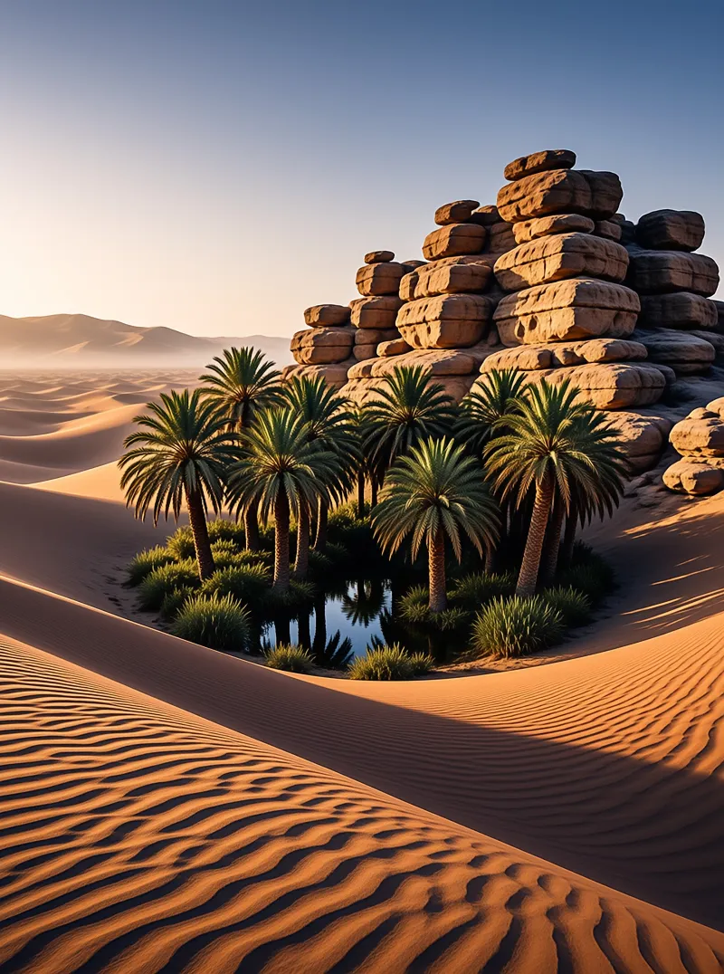 Palm trees stand beside a pool of water surrounded by rippled sand dunes and a large stacked rock formation.