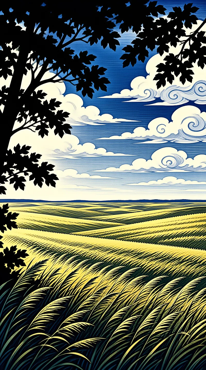 Golden wheat waves under a deep blue sky with stylized white swirl clouds framed by dark leaves.