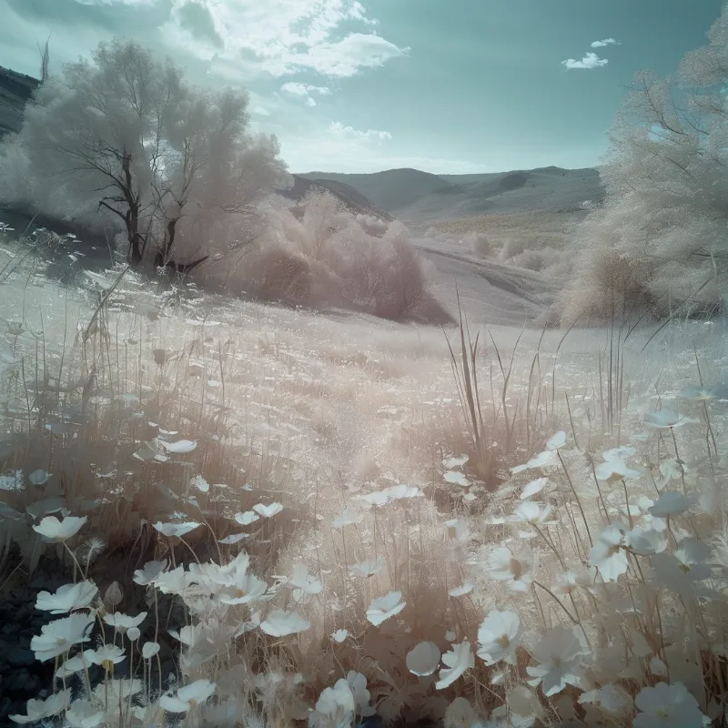 A dreamy infrared landscape of pale blooming flowers and misty trees beneath a soft teal sky