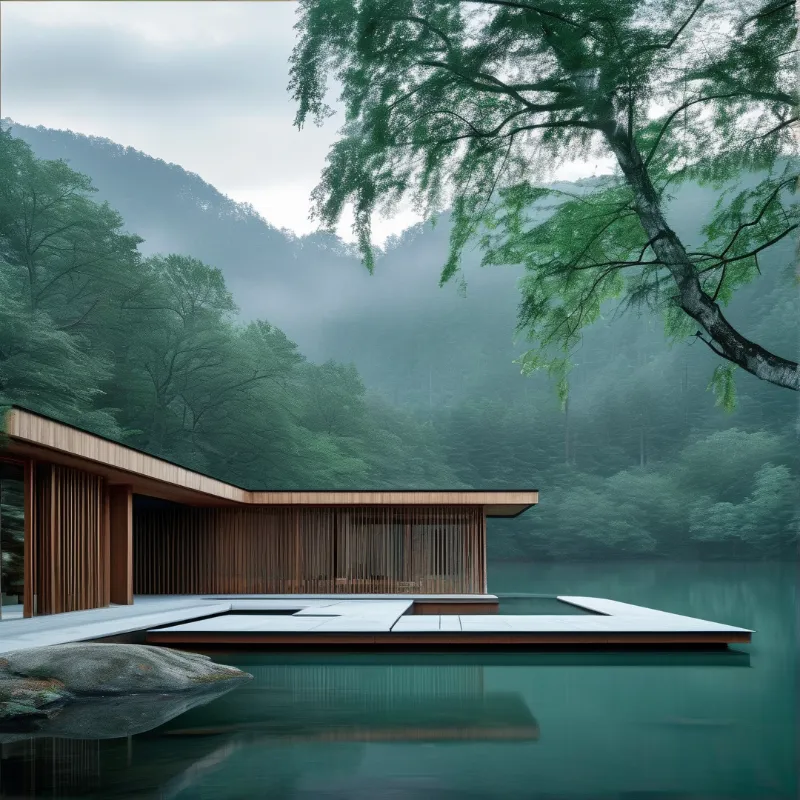 A minimalist timber cabin with a deck reflects perfectly on still teal water in misty forest.