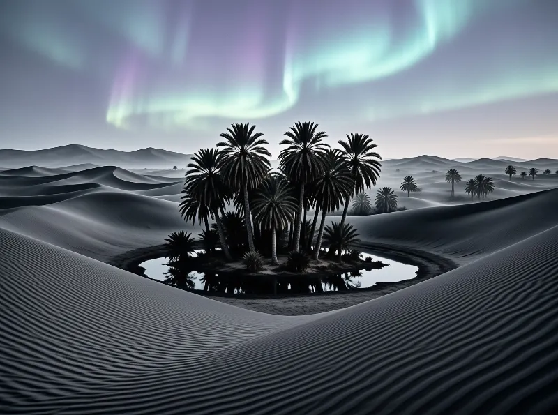 Surreal Oasis Under Aurora
