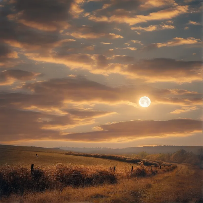 Warm orange clouds surround a bright celestial body above rolling grassland hills with scattered fence posts in the foreground