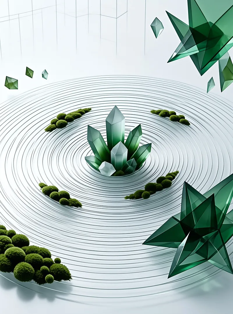 Green crystal formations rise from a rippling white spiral surrounded by rounded shrubs in a luminous abstract setting.