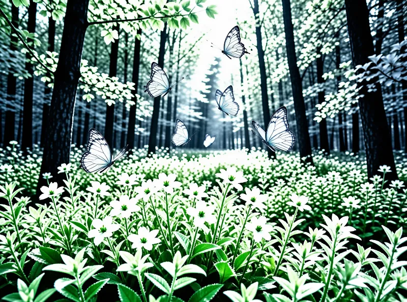 Several white butterflies drift above a field of small white flowers in a dark forest with ethereal blue lighting.