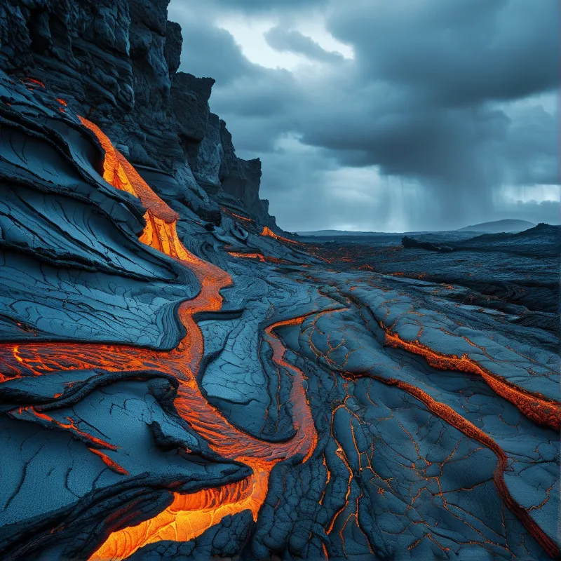 Bright orange magma flows across a cracked black landscape under a cloudy sky.