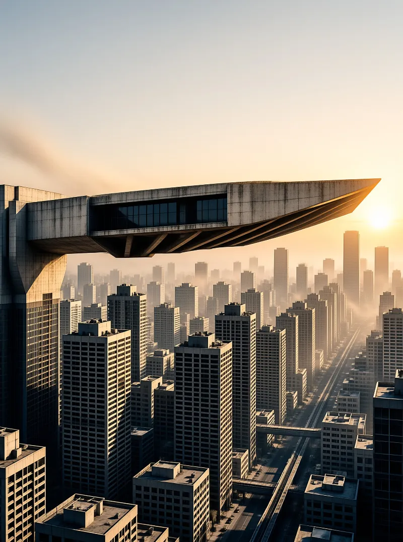 A massive concrete overhang extends above a dense urban skyline as the sun sets behind distant skyscrapers.