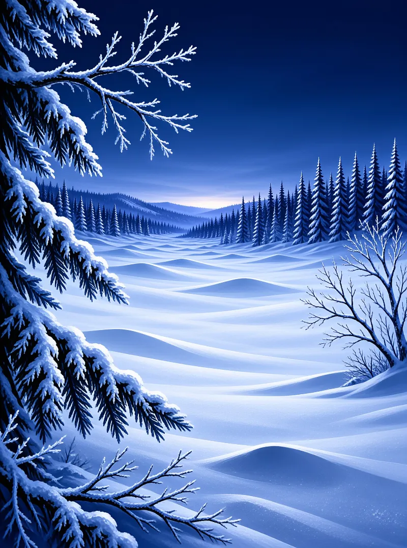 A tranquil winter scene shows rolling snowfields bordered by tall pine trees under a deep indigo twilight sky.