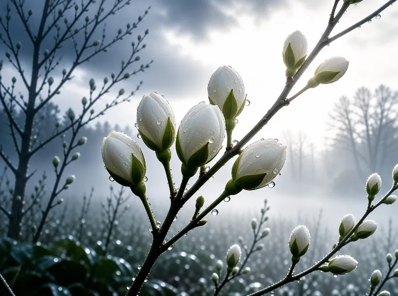 Closed white magnolia buds glisten with raindrops on a slender branch set against a soft-focus misty forest at dawn.