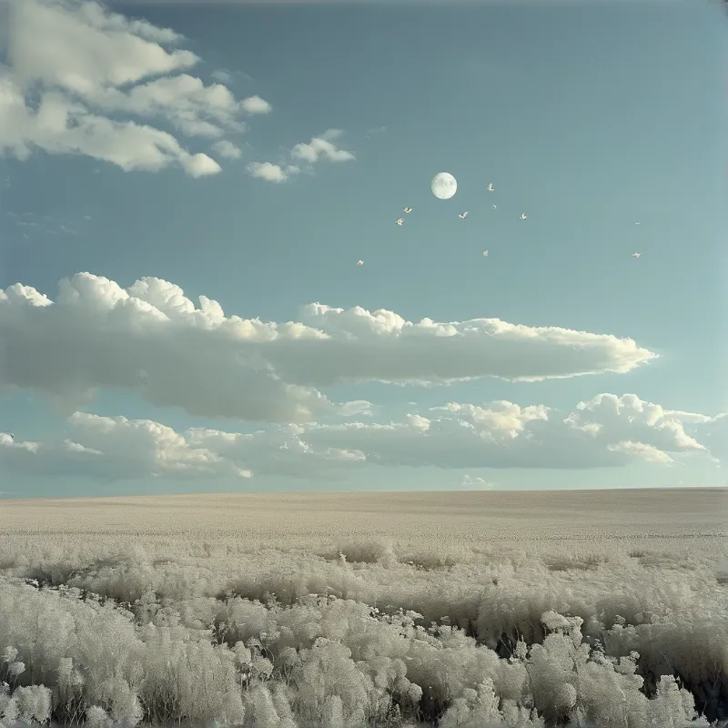 A vast white field of salt or frost sits beneath a blue sky featuring large clouds and a moon with birds