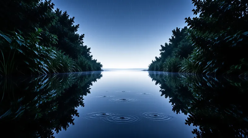 Dark waterway flanked by trees reflects twilight sky while raindrops create ripples on the surface.