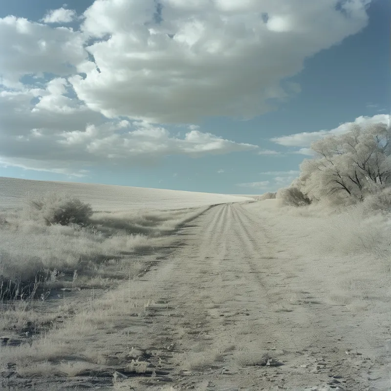 An infrared view of a rutted country track winding between bleached grassland and white trees beneath towering clouds.