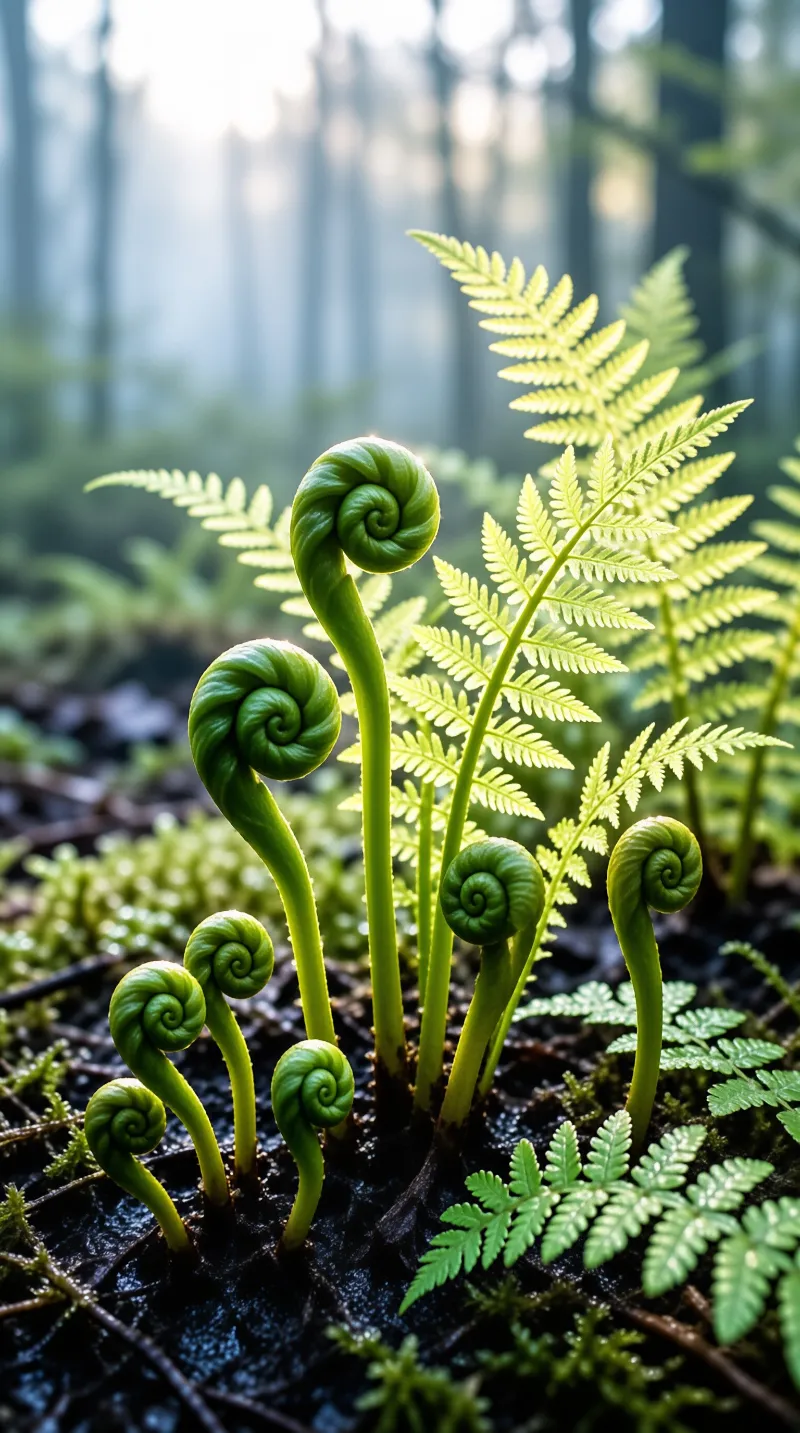 Bright green fern fiddleheads unfurling on a dark mossy forest floor with blurred trees in background.