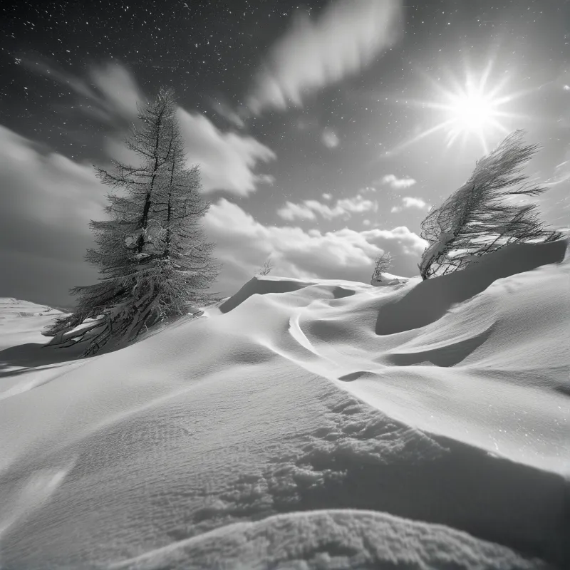 Black and white landscape of wind shaped snow covered trees on sculpted snow dunes under a bright celestial body and starry night sky.