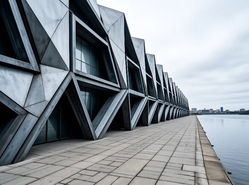 An angular metal building runs alongside a stone promenade next to calm water under an overcast sky.